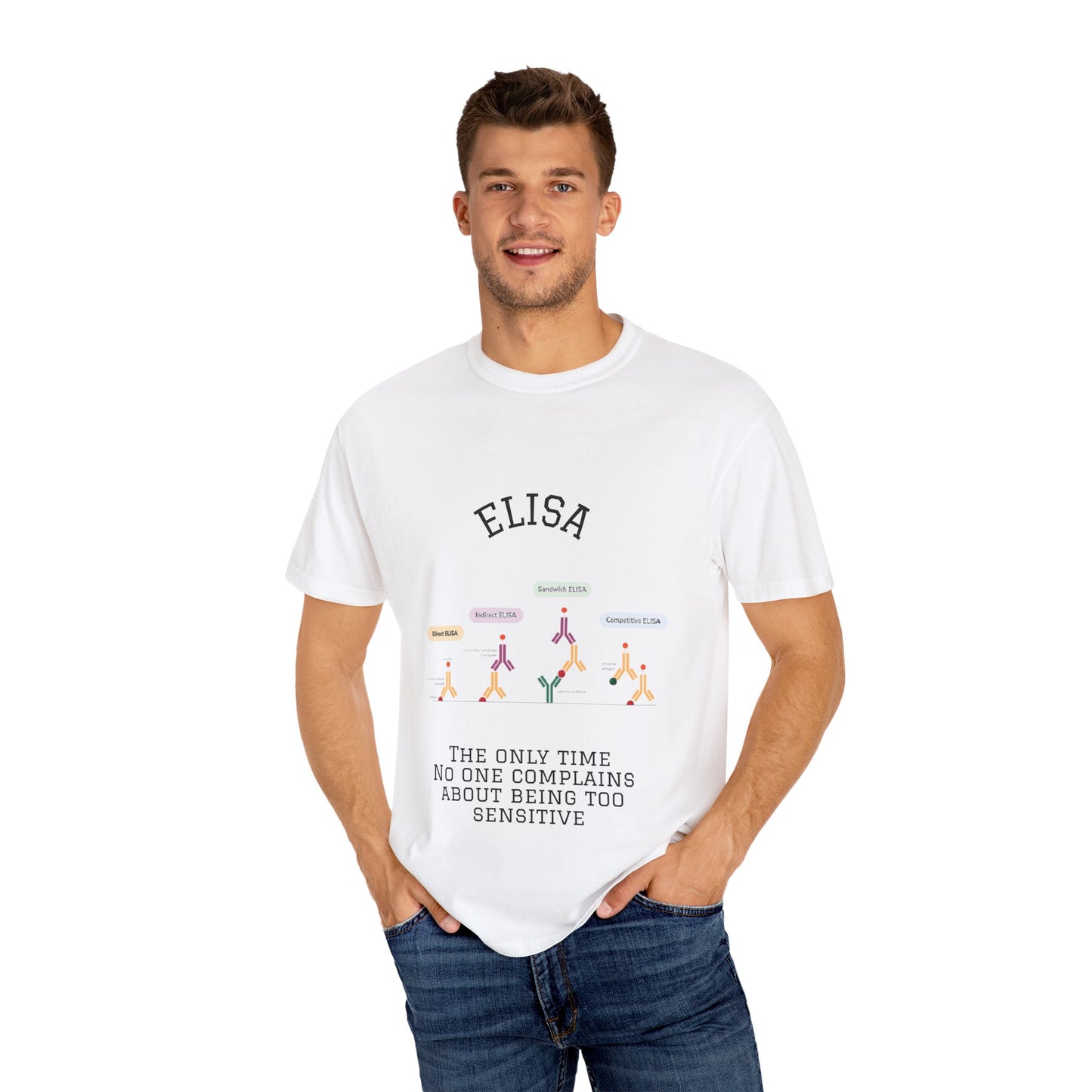Unisex Garment Lab Humor Tee - ELISA, "the only time no one complains about being too sensitive", gift for bench scientist