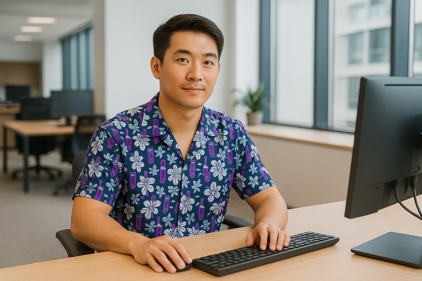 Tropical Floral Unisex Hawaiian Shirt with Embedded Antibody Pattern for Fun Casual Friday Biotech Shirt; Biotech Theme, Antibody Hawaiian Shirt