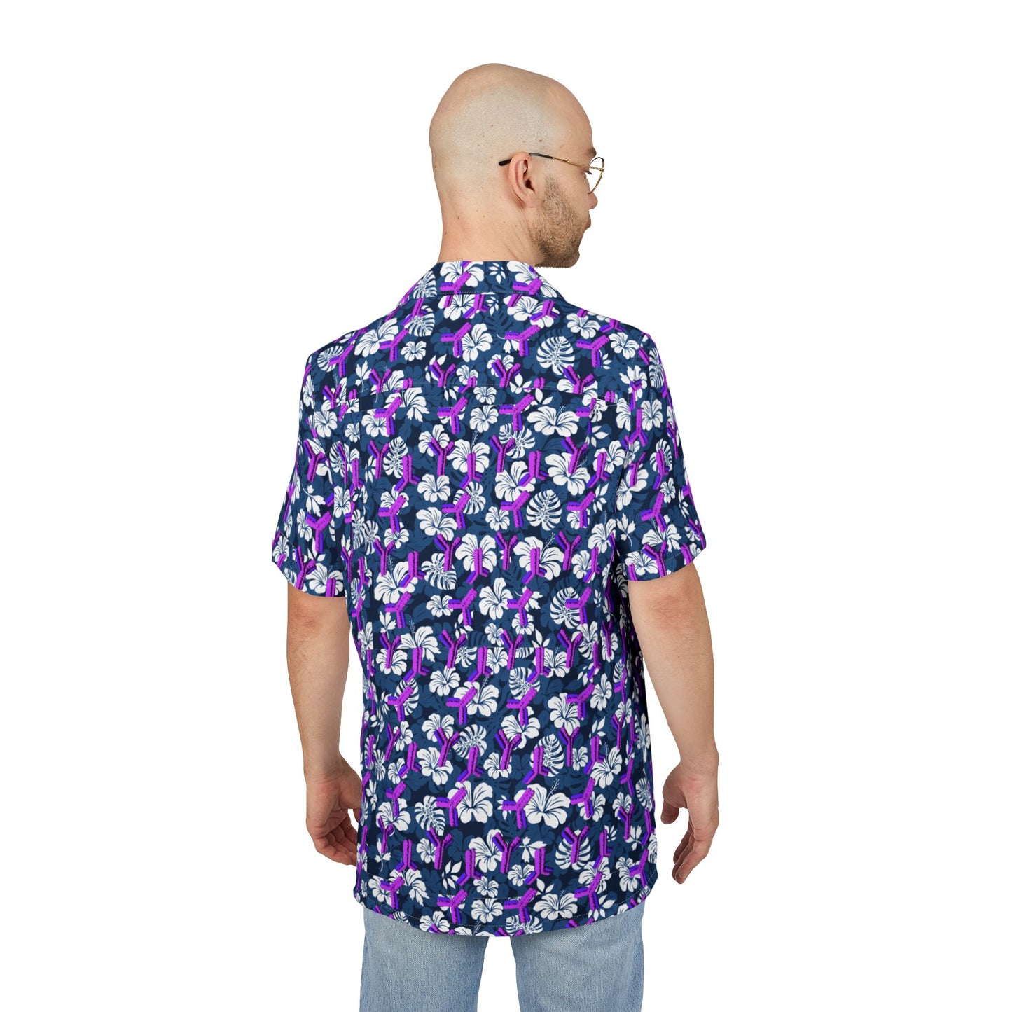 Tropical Floral Unisex Hawaiian Shirt with Embedded Antibody Pattern for Fun Casual Friday Biotech Shirt; Biotech Theme, Antibody Hawaiian Shirt
