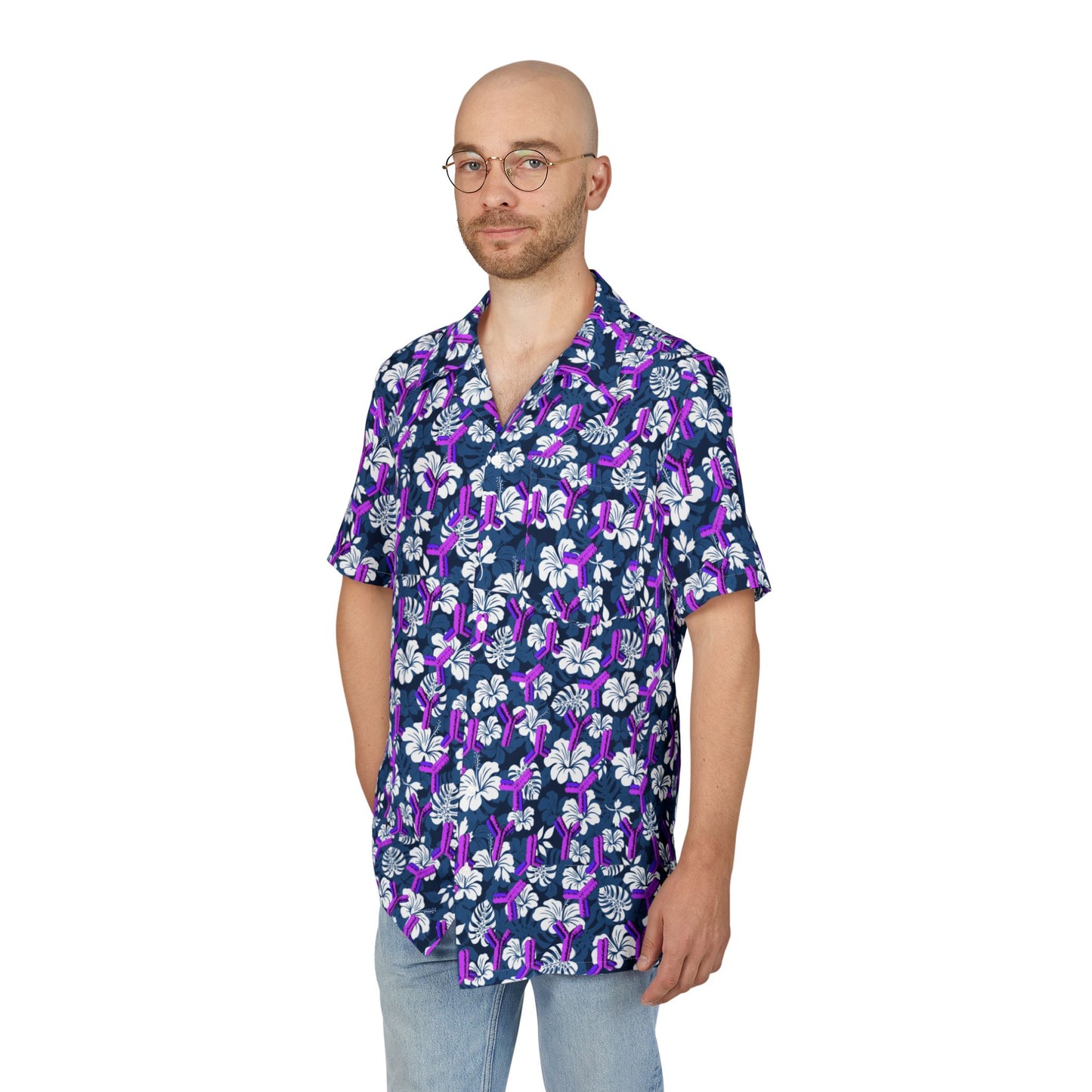 Tropical Floral Unisex Hawaiian Shirt with Embedded Antibody Pattern for Fun Casual Friday Biotech Shirt; Biotech Theme, Antibody Hawaiian Shirt