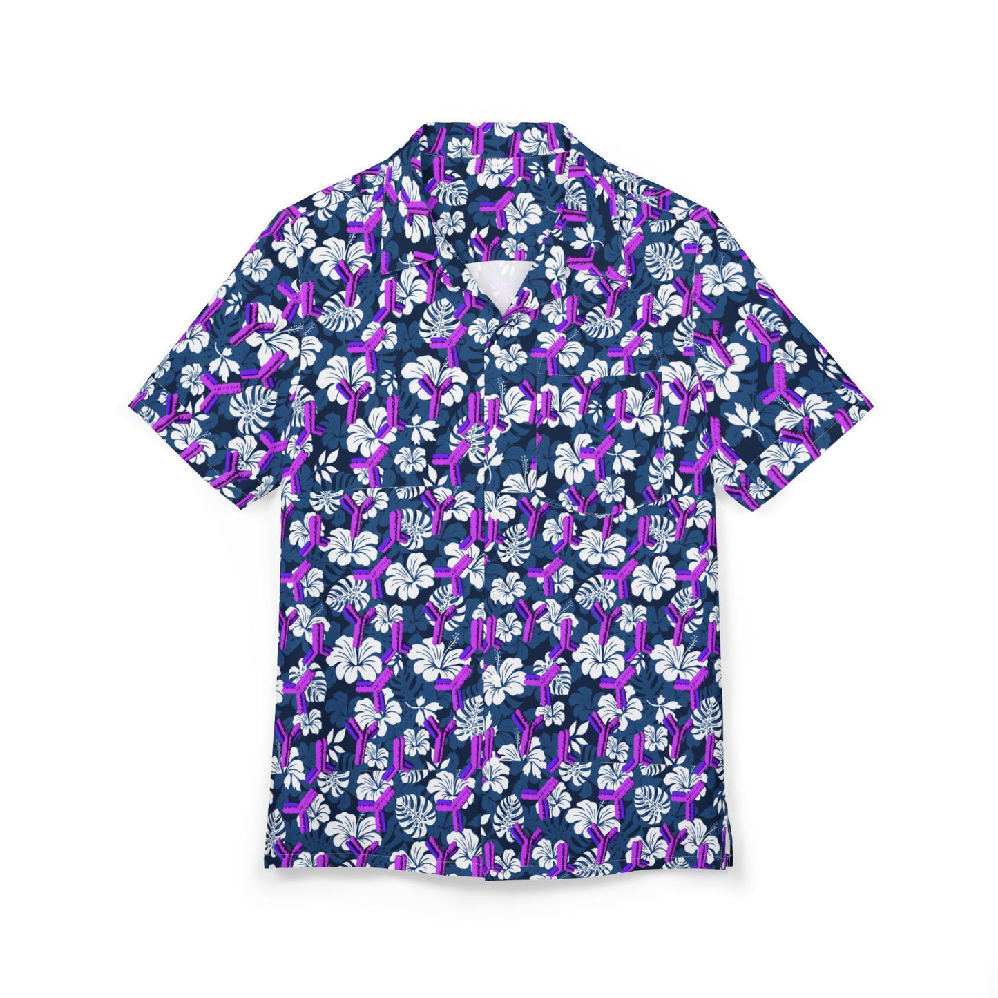 Tropical Floral Unisex Hawaiian Shirt with Embedded Antibody Pattern for Fun Casual Friday Biotech Shirt; Biotech Theme, Antibody Hawaiian Shirt