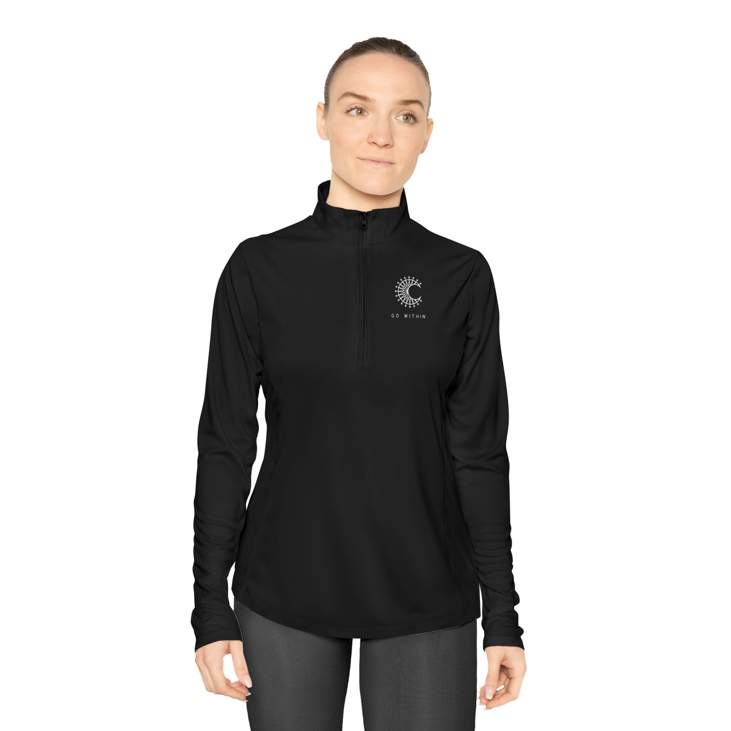 Balance in Style - Ladies Quarter-Zip Pullover, Sun and Moon Motif, for Cozy Comfort, Activewear, Perfect for Layering, Casual Outings