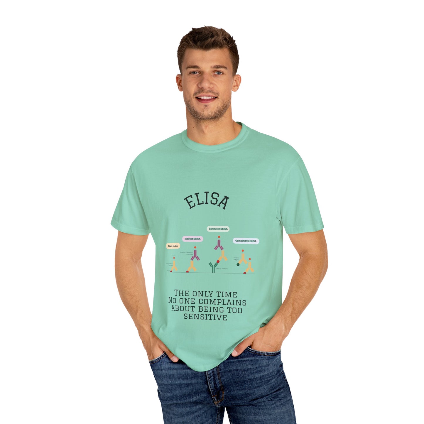 Unisex Garment Lab Humor Tee - ELISA, "the only time no one complains about being too sensitive", gift for bench scientist
