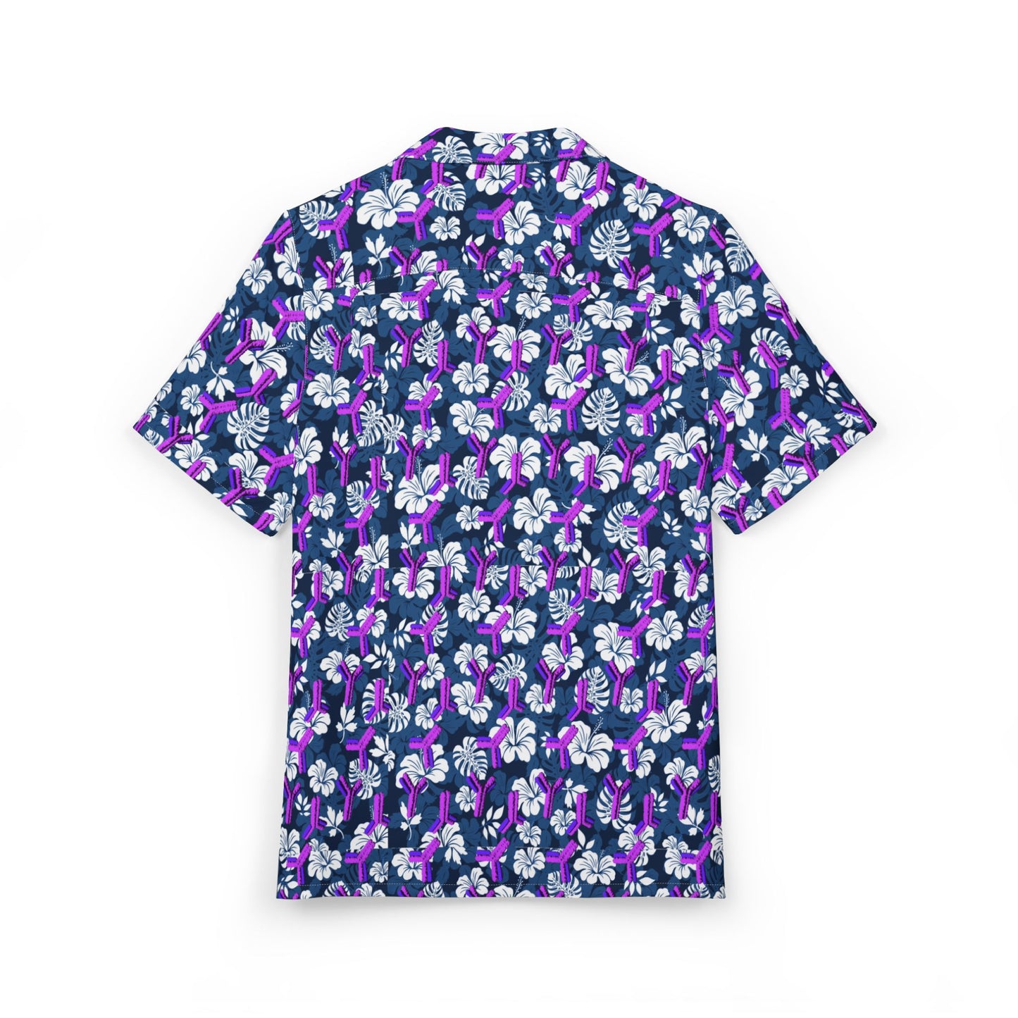 Tropical Floral Unisex Hawaiian Shirt with Embedded Antibody Pattern for Fun Casual Friday Biotech Shirt; Biotech Theme, Antibody Hawaiian Shirt