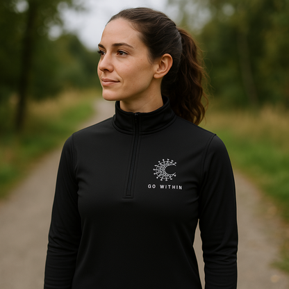 Balance in Style -  Ladies Quarter-Zip Pullover, Sun and Moon Motif, for Cozy Comfort, Activewear, Perfect for Layering, Casual Outings