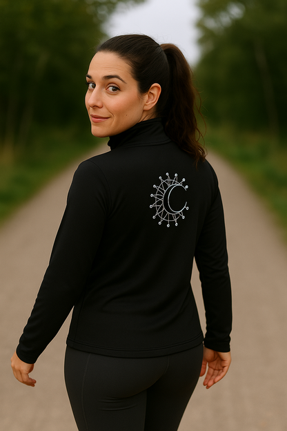 Balance in Style -  Ladies Quarter-Zip Pullover, Sun and Moon Motif, for Cozy Comfort, Activewear, Perfect for Layering, Casual Outings