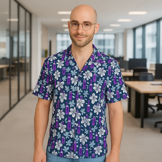 Tropical Floral Unisex Hawaiian Shirt with Embedded Antibody Pattern for Fun Casual Friday Biotech Shirt; Biotech Theme, Antibody Hawaiian Shirt