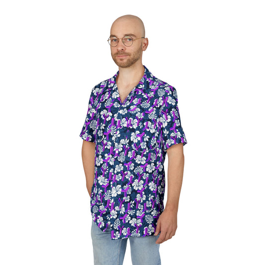 Tropical Floral Unisex Hawaiian Shirt with Embedded Antibody Pattern for Fun Casual Friday Biotech Shirt; Biotech Theme, Antibody Hawaiian Shirt